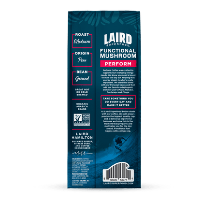 Organic Laird PERFORM functional mushroom coffee, medium roast ground, 340g jar, rich aroma and earthy flavor.