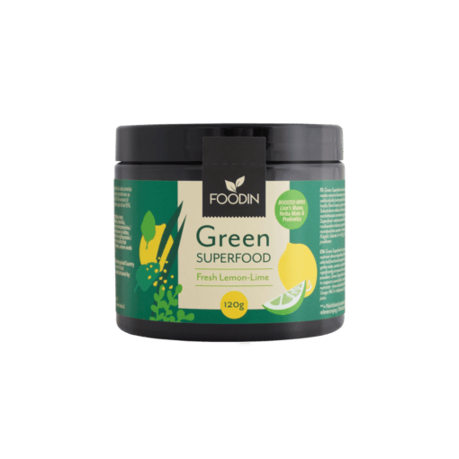 Green superfood powder with fresh lemon and lime flavor from Organax Ltd, displayed in a 120g package.