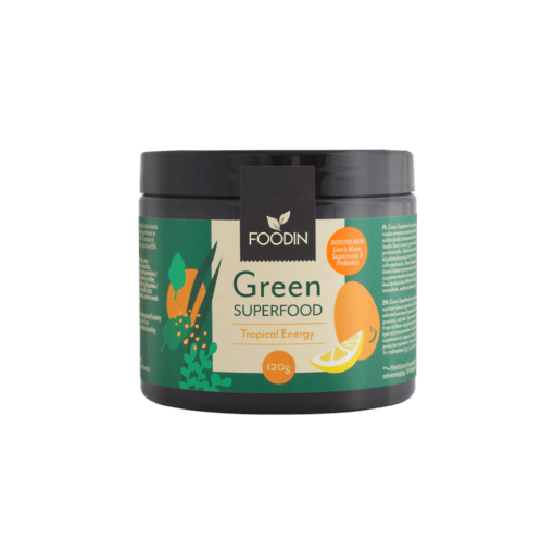 Green Superfood Tropical Energy powder by Organax Ltd in a 120g container, featuring vibrant green superfood blend with tropical fruit accents.