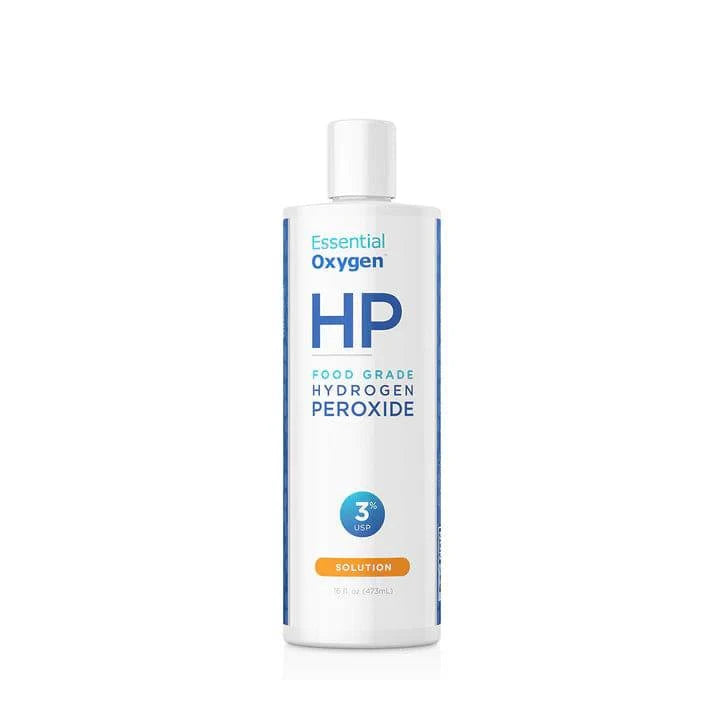 Bottle of Organax Ltd EO HP Hydrogen Peroxide Food Grade 3% in a 473ml clear plastic container.