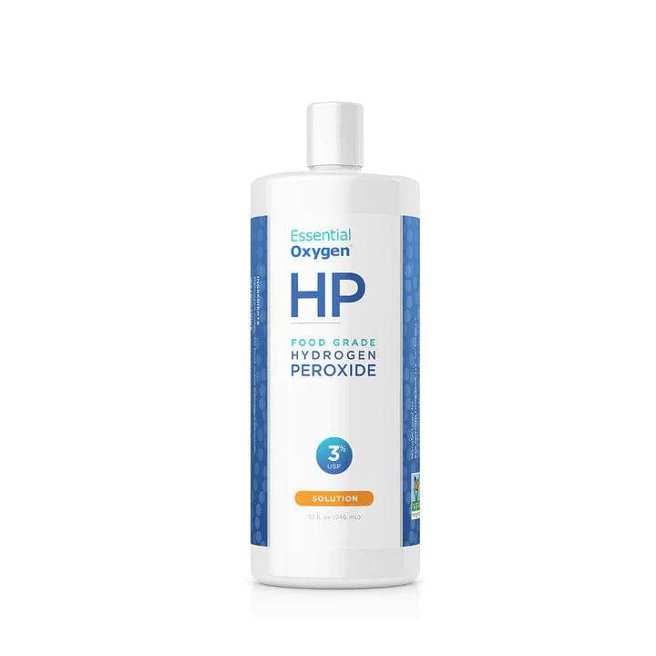 Bottle of Organax Ltd EO HP Hydrogen Peroxide Food Grade 3% in a 473ml clear plastic container with a white cap.