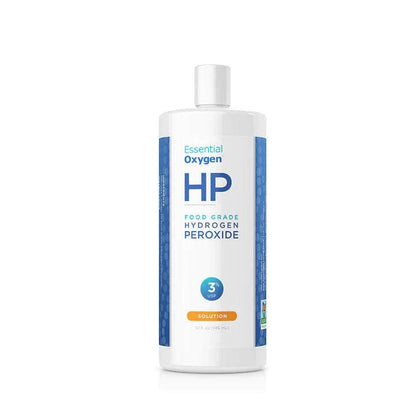 Bottle of Organax Ltd EO HP Hydrogen Peroxide Food Grade 3% in a 473ml clear plastic container with a white cap.