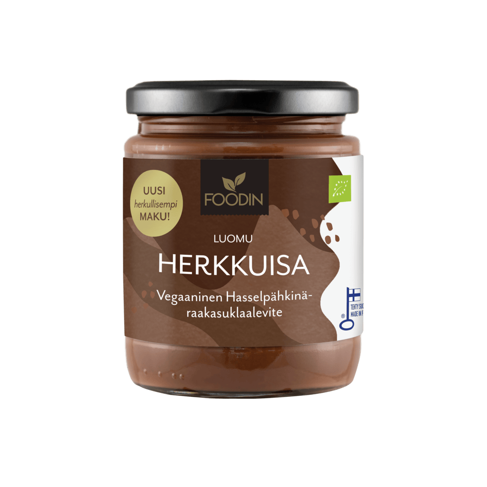 Organic Herkkuisa Nutella hazelnut-cacao spread in 250g jar from Organax Ltd, showing the creamy chocolate-hazelnut spread.