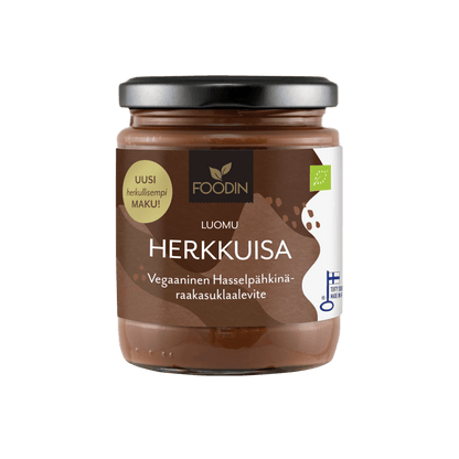Organic Herkkuisa Nutella hazelnut-cacao spread in 250g jar from Organax Ltd, showing the creamy chocolate-hazelnut spread.