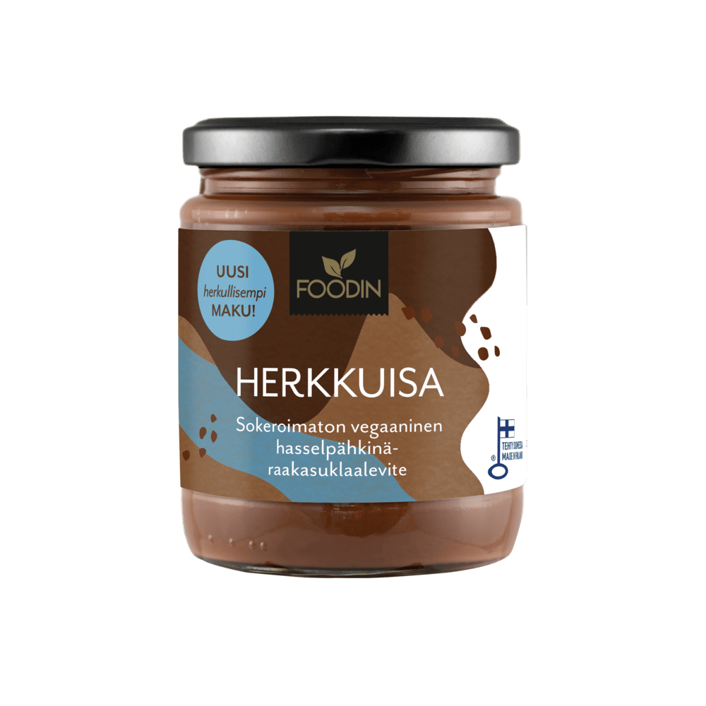 Herkkuisa sugar-free Nutella hazelnut cacao spread in 230g jar, creamy chocolate and hazelnut spread by Organax Ltd.