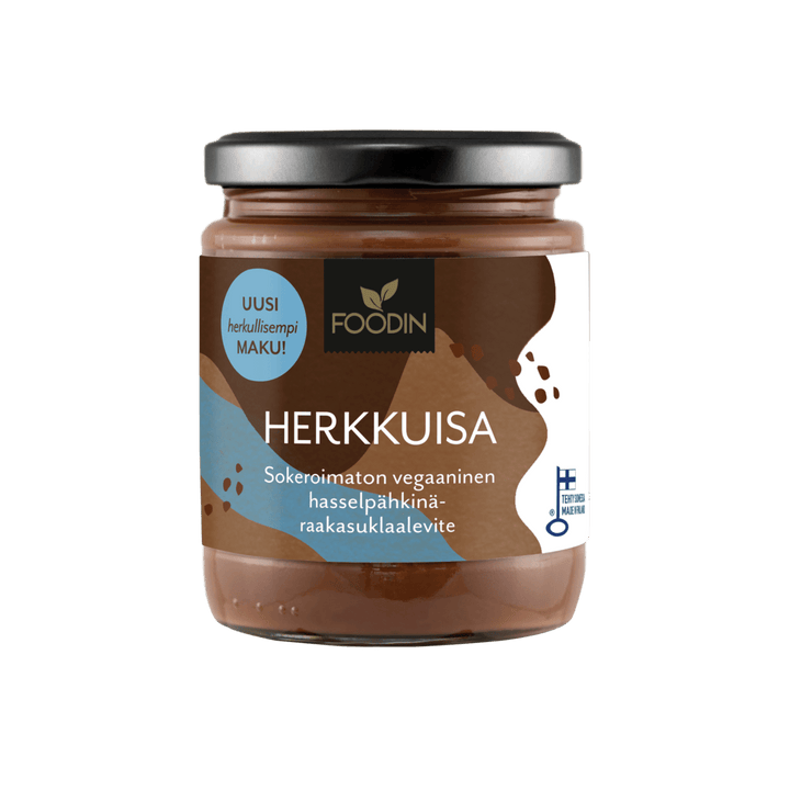Herkkuisa Sugar-Free Nutella hazelnut cacao spread in 230g jar, organic and creamy with hazelnut and chocolate flavors.