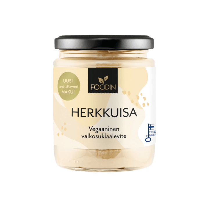 Herkkuisa white chocolate spread in a 240g jar by Organax Ltd, creamy white chocolate spread with smooth texture.