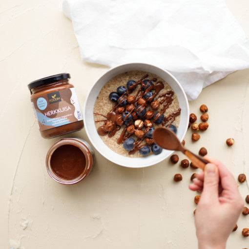 Herkkuisa Sugar-Free Nutella hazelnut-cacao spread jar from Organax Ltd, 230g, with a smooth, chocolate-hazelnut spread inside.