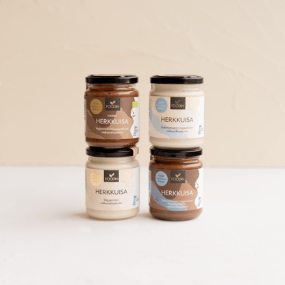 Organic Herkkuisa Nutella hazelnut cacao spread jar by Organax Ltd, showing the 250g container with a creamy chocolate hazelnut spread.
