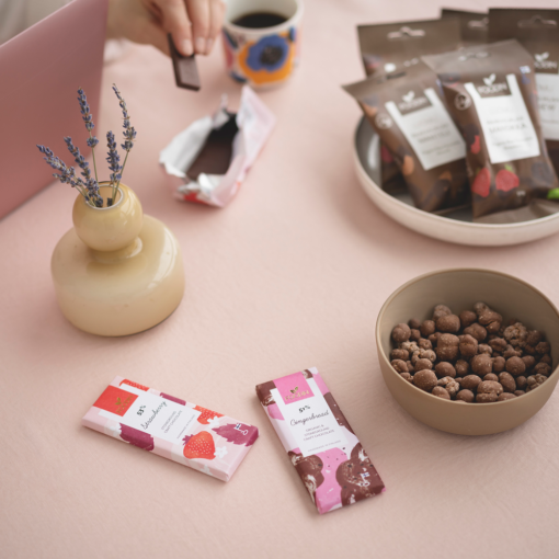 Organic raw chocolate with wild blueberries by Foodin, 54% cacao, in a 40g bar, from Organax Ltd.