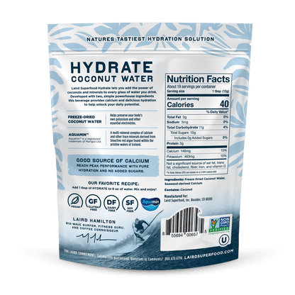 Fresh coconut water pouch from Laird Hydrate by Organax Ltd, showing the 227g hydration drink with tropical branding.