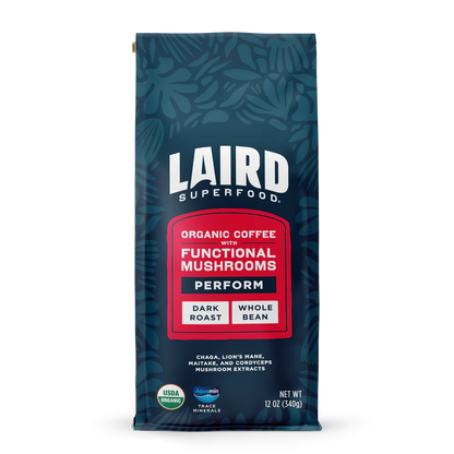 Laird Organic PERFORM mushroom coffee dark roast ground in 340g package by Organax Ltd, featuring a bag of brewed coffee and mushrooms.