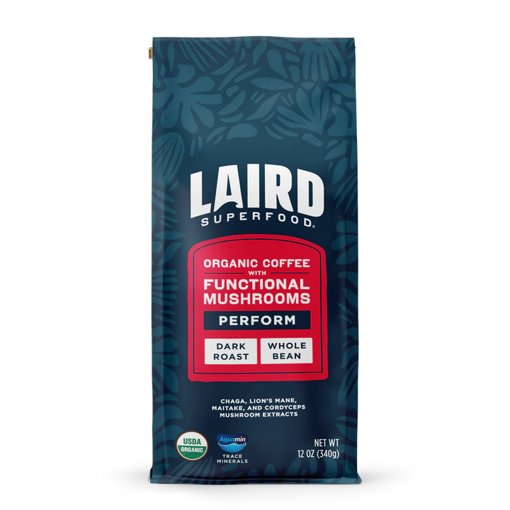 Laird Organic PERFORM mushroom coffee dark roast ground in 340g package by Organax Ltd, featuring a bag of brewed coffee and mushrooms.