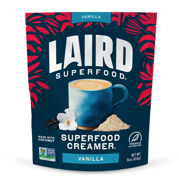 Laird Vanilla Superfood Creamer by Organax Ltd, 227g jar with vanilla-flavored superfood creamer powder and natural ingredients.