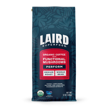 Laird Organic PERFORM functional mushroom coffee ground in a medium roast, 340g, by Organax Ltd, showing ground coffee in a bag