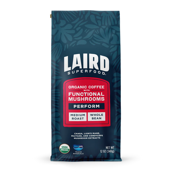 Laird Organic PERFORM functional mushroom coffee ground in a medium roast, 340g, by Organax Ltd, showing ground coffee in a bag