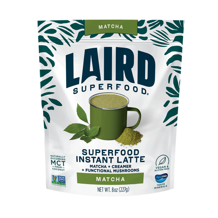 Laird Matcha Instant Latte with Adaptogens by Organax Ltd, 227g jar showing the product label and packaging.