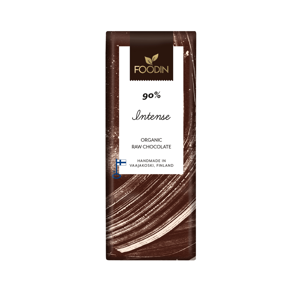 Organic Raw Chocolate Intense 90% bar from Foodin by Organax Ltd, showing a dark chocolate bar with a smooth surface and rich texture.