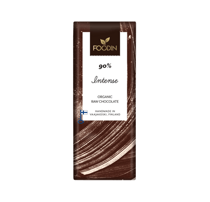 Organic Raw Chocolate Intense 90% bar from Foodin by Organax Ltd, showing a dark chocolate bar with a smooth surface and rich texture.