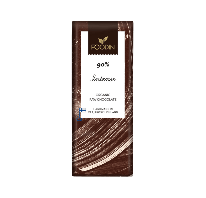 Organic Raw Chocolate Intense 90% bar from Foodin by Organax Ltd, showing a dark chocolate bar with a smooth surface and rich texture.