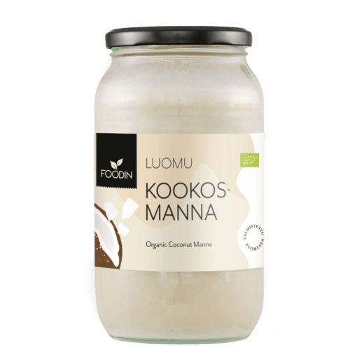 Organic FoodIn Coconut Manna in a 1L jar, showing smooth, creamy coconut butter from Organax Ltd.
