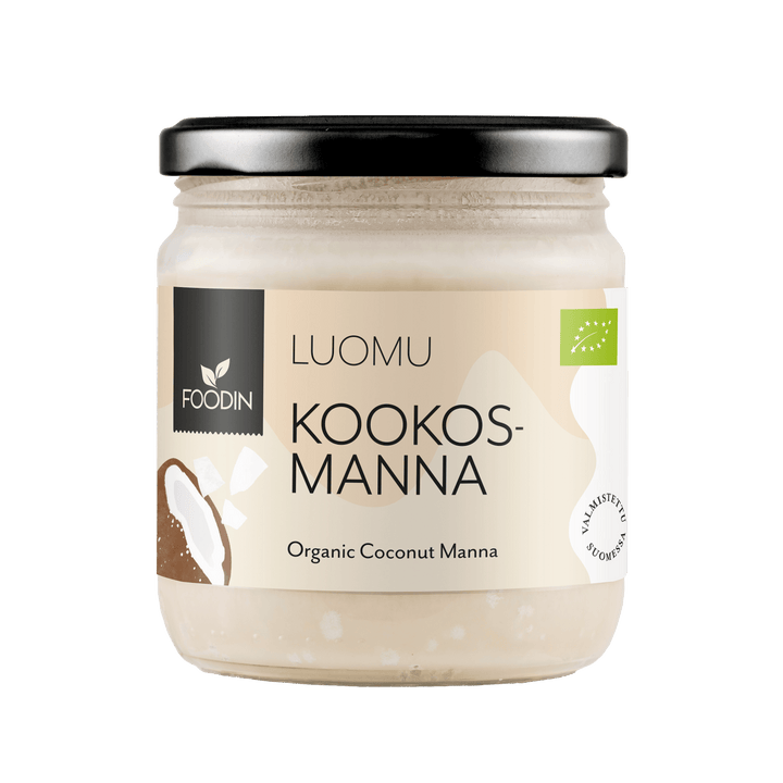 Organic Foodin Coconut Manna in a 400ml jar from Organax Ltd, showing the smooth, creamy raw coconut spread on a white background.