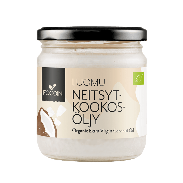 Organic Virgin Coconut Oil from Organax Ltd in a 400ml bottle, showing the clear, golden coconut oil inside the container.