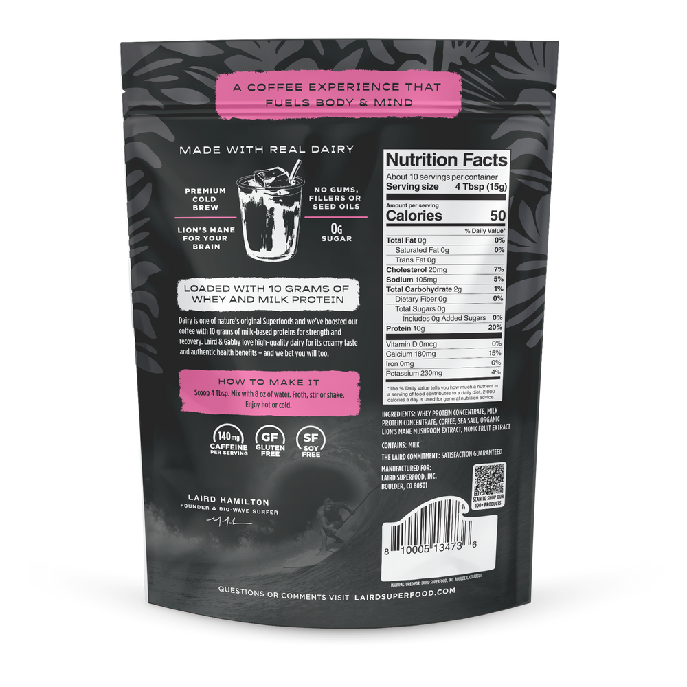 Laird Sweet & Creamy Protein Coffee with Lion's Mane by Organax Ltd, 150g, showing a package of flavored coffee with branding and product details.