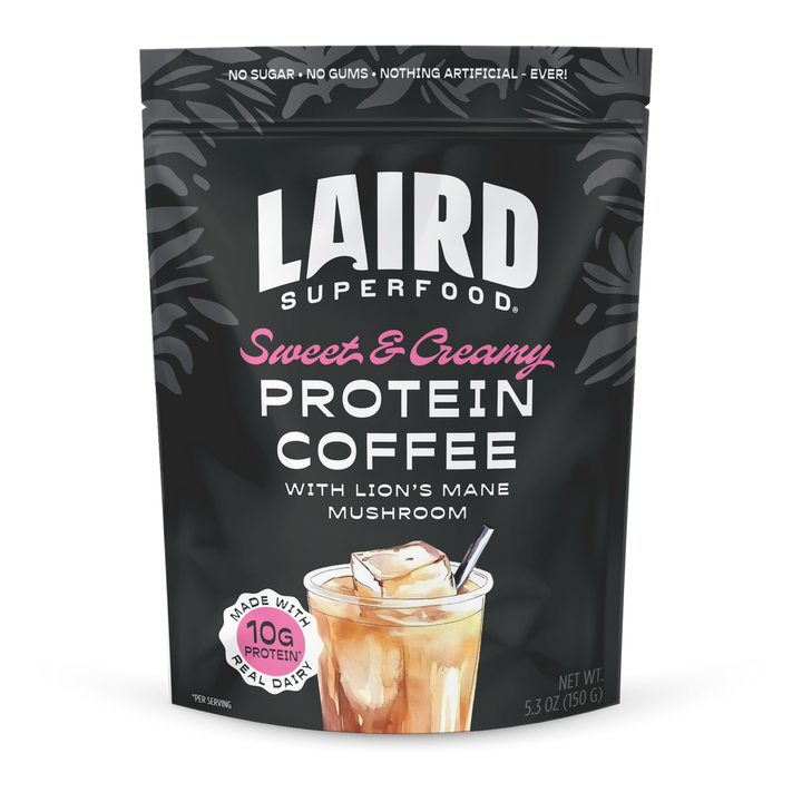Laird Sweet & Creamy Protein Coffee with Lion's Mane by Organax Ltd, 150g, showing the coffee packaging and branding.