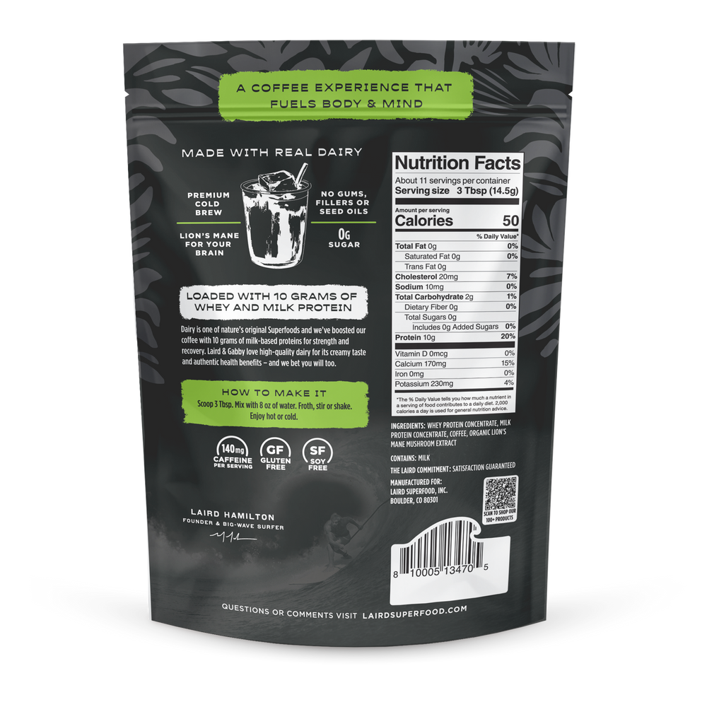 Unsweetened Laird Protein Coffee with Lion's Mane by Organax Ltd, 150g, showing the coffee package with branding and product label.