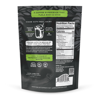 Unsweetened protein coffee with lion's mane from Organax Ltd, 150g package, showing a jar of Laird Protein Coffee with coffee beans.