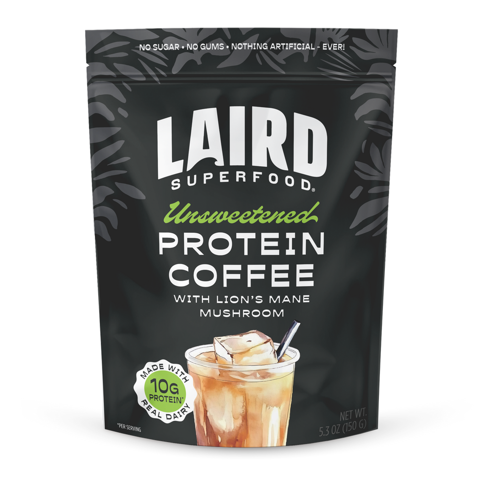 Laird Unsweetened Protein Coffee with Lion's Mane in 150g package, featuring a black coffee cup and coffee beans.