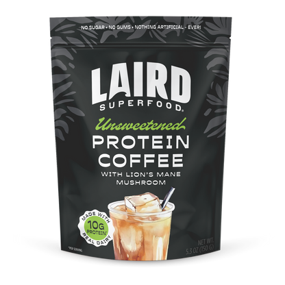 Laird Unsweetened Protein Coffee with Lion's Mane by Organax Ltd, 150g, showing the coffee packaging with branding.