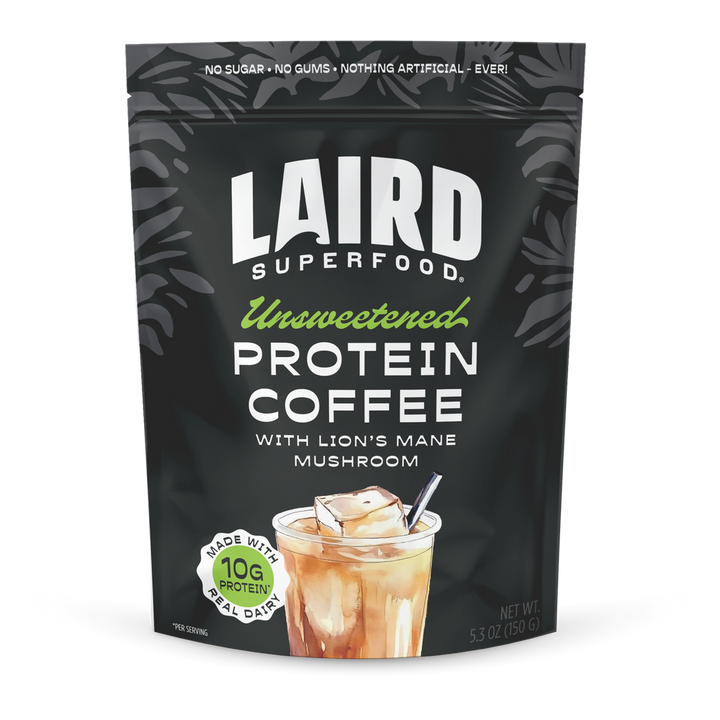 Laird Unsweetened Protein Coffee with Lion's Mane by Organax Ltd, 150g, showing the coffee packaging with branding.