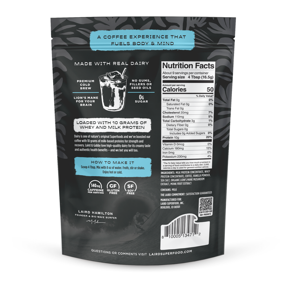 Vanilla flavor Laird protein coffee with Lion's Mane mushroom from Organax Ltd in a 150g package, showing the coffee and vanilla scent.