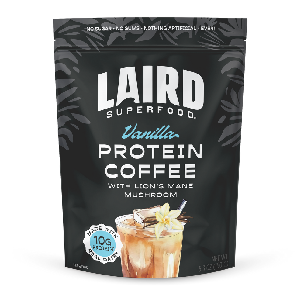 Laird Vanilla Protein Coffee with Lion's Mane by Organax Ltd, 150g package, showing vanilla-flavored coffee with protein and mushroom ingredients.