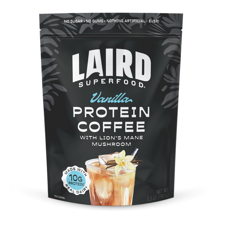 Laird Vanilla Protein Coffee by Organax Ltd, 150g, featuring a vanilla-flavored coffee with Lion's Mane mushroom extract.