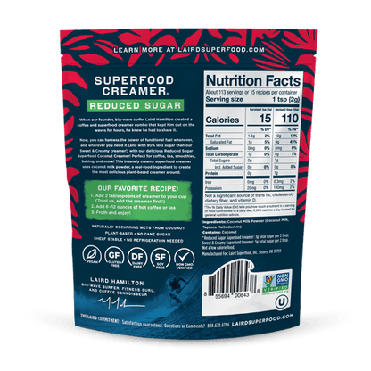 Laird Reduced Sugar Superfood Creamer by Organax Ltd in 8oz bottle, creamy liquid with a smooth texture and label visible.
