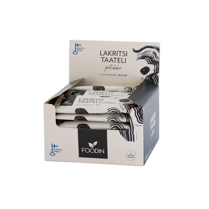 Foodin Licorice Dates Bar from Organax Ltd, showing a 35g bar with licorice and date ingredients in the packaging.