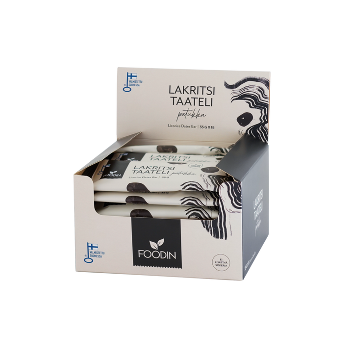Foodin Licorice Dates Bar from Organax Ltd, showing a 35g bar with licorice and date ingredients in the packaging.