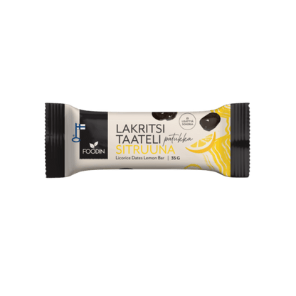 Organic Licorice Dates Bar with Lemon flavor from Organax Ltd, showing a 35g lemon-flavored licorice date bar on a white background.