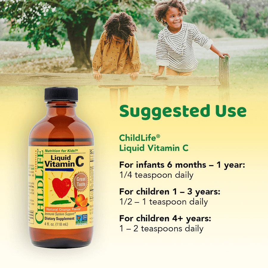 Childlife Essentials Liquid Vitamin C Orange in 120ml glass bottle, bright orange liquid supplement for children.