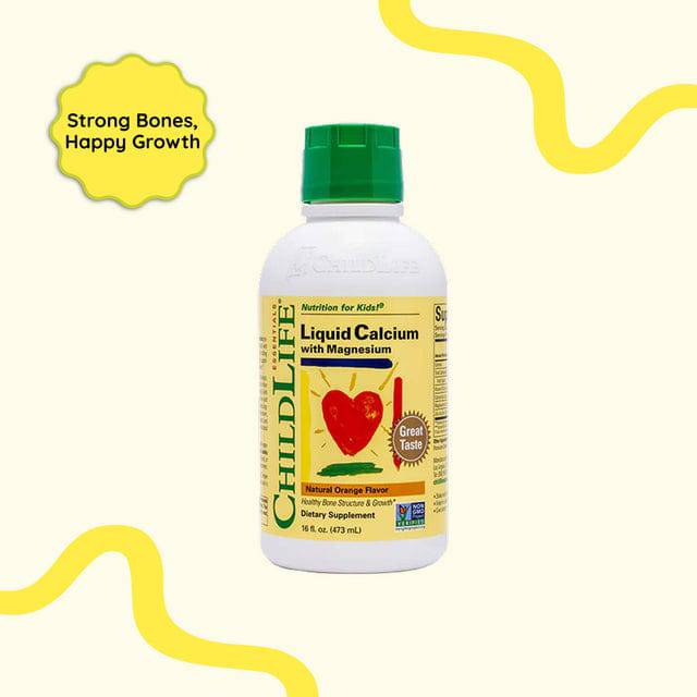 Childlife Essentials Liquid Calcium with Magnesium in orange flavor, shown in a 480ml bottle, produced by Organax Ltd.