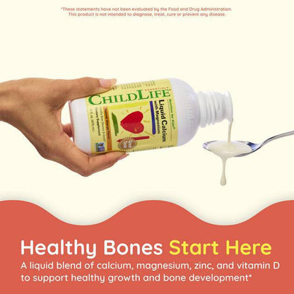Childlife Essentials Liquid Calcium with Magnesium in orange flavor, 480ml bottle, featuring a bright orange liquid in a clear bottle