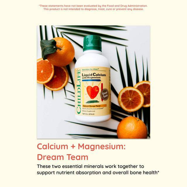 Childlife Essentials liquid calcium with magnesium orange flavor in a 480ml bottle, shown in a clear image.