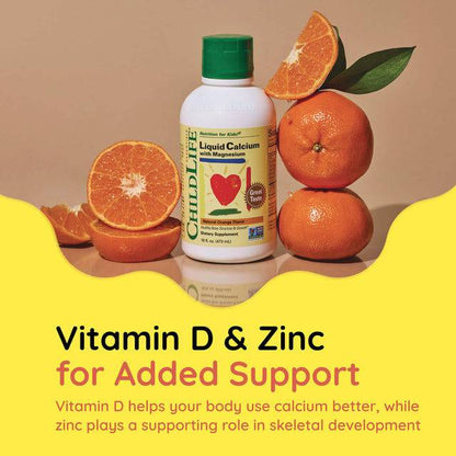 Childlife Essentials Liquid Calcium with Magnesium in orange flavor, 480ml bottle, dietary supplement for children.