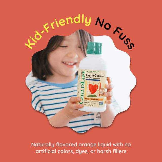 Childlife Essentials Liquid Calcium with Magnesium in orange flavor, 480ml bottle, natural supplement for kids' bone health.
