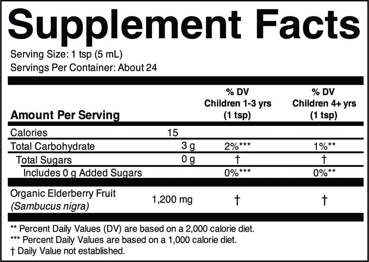 Childlife Essentials Organic Liquid Elderberry supplement in a 118ml bottle, featuring dark purple elderberry syrup with a dropper cap.