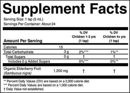 Childlife Essentials Organic Liquid Elderberry supplement in a 118ml bottle, featuring dark purple elderberry syrup with a dropper cap.