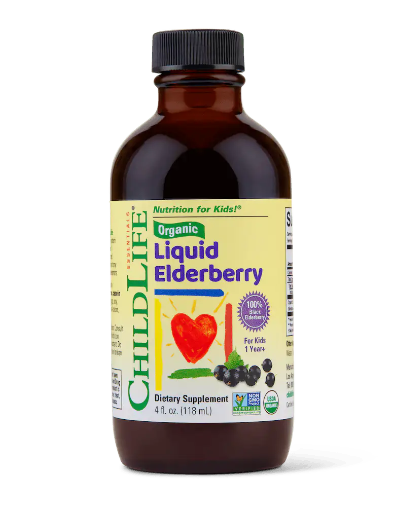 Childlife Essentials Organic Liquid Elderberry in 118ml bottle, featuring dark purple elderberry syrup with a dropper for kids.